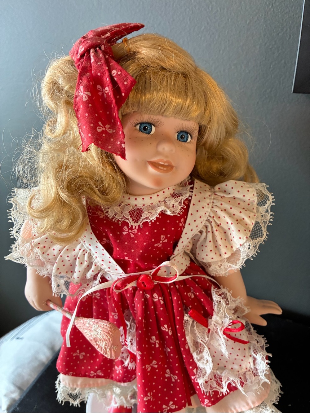 Vintage Red Polka-Trim Girl porcelain Doll with Blonde Hair